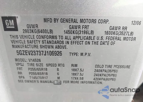 2007 Saturn Outlook Xr из США, поврежденный, VIN 5GZEV23737J106926